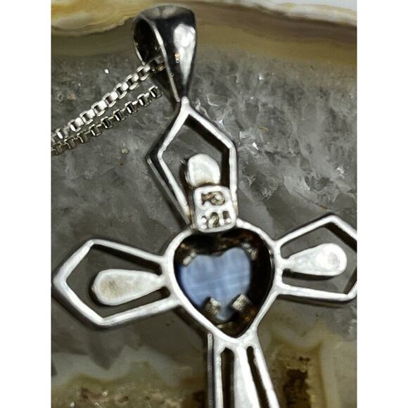 Sterling Silver FACETED STONE CROSS w Center Stone Pendant 925 MO & Necklace VTG - Picture 6 of 14